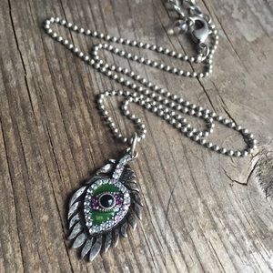 silver toned peacock feather rhinestone necklace